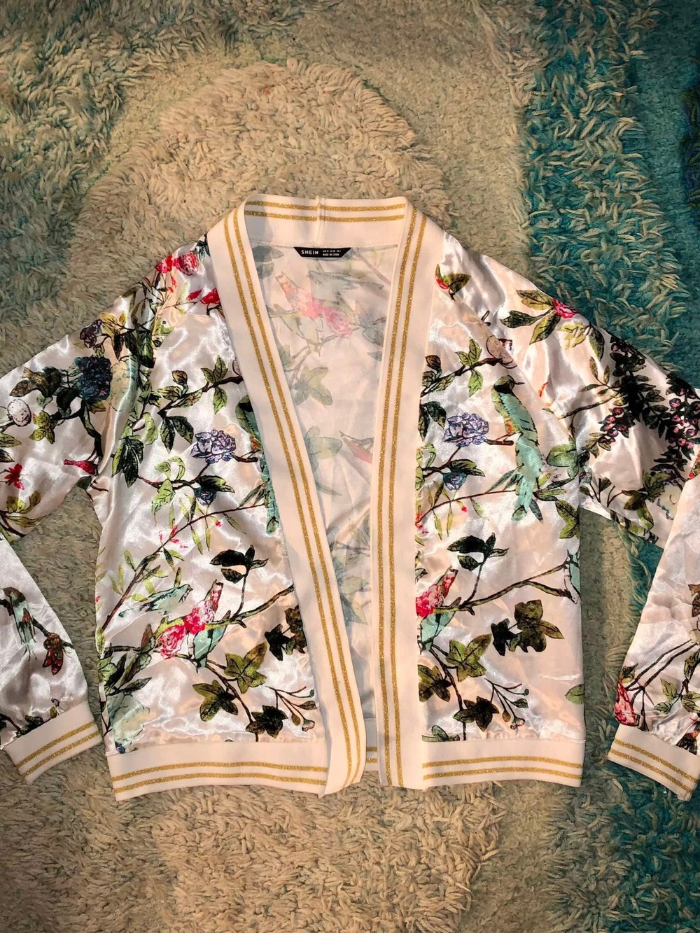 SHEIN White Satin Floral Bird Cardigan with Gold Trim